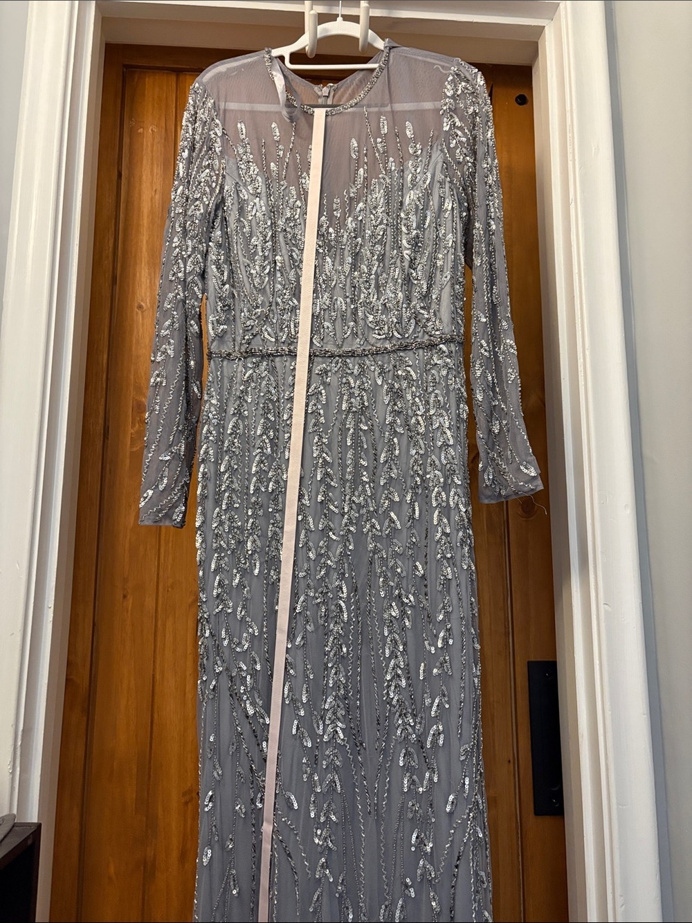 Mac Duggal Platinum Embellished Illusion High Neck Long Sleeve Gown Size 10
